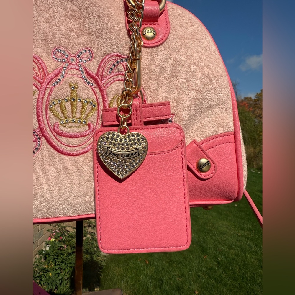 NWT! Juicy Couture Pink Velour Rhinestone Bag Card Holder Keychain Included - Picture 4 of 10